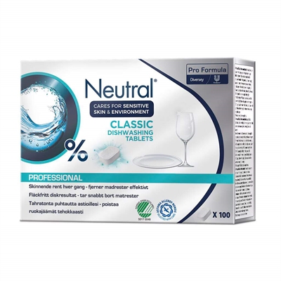 Neutral opvasketabs Pro · 100 stk · Svanemærket · uden parfume/farve